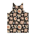 Men's Café Tank Top featuring a vibrant coffee and dessert print, perfect for stylish summer wear.
