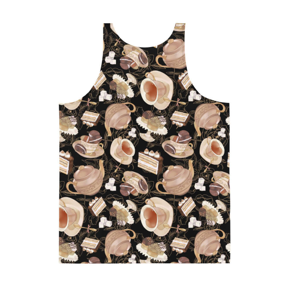 Men's Café Tank Top featuring a vibrant coffee and dessert print, perfect for stylish summer wear.