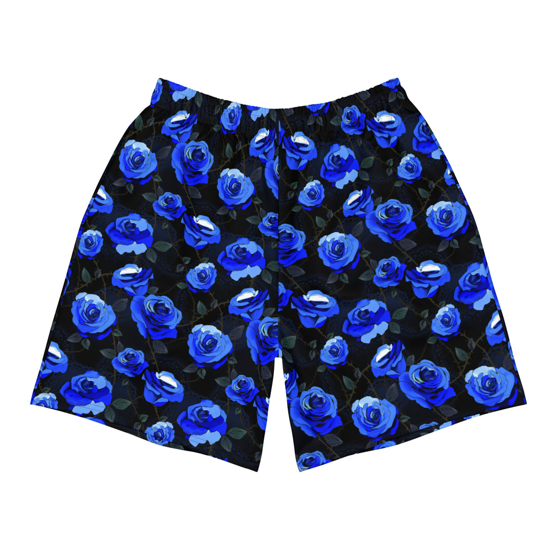 Stylish Men's Enchanted Rose Athletic Shorts feature a vibrant blue rose design, perfect for workouts and casual wear.