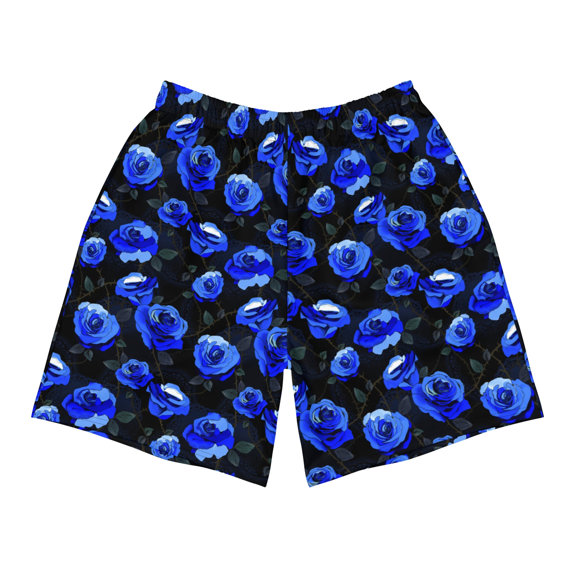 Stylish Men's Enchanted Rose Athletic Shorts feature a vibrant blue rose design, perfect for workouts and casual wear.