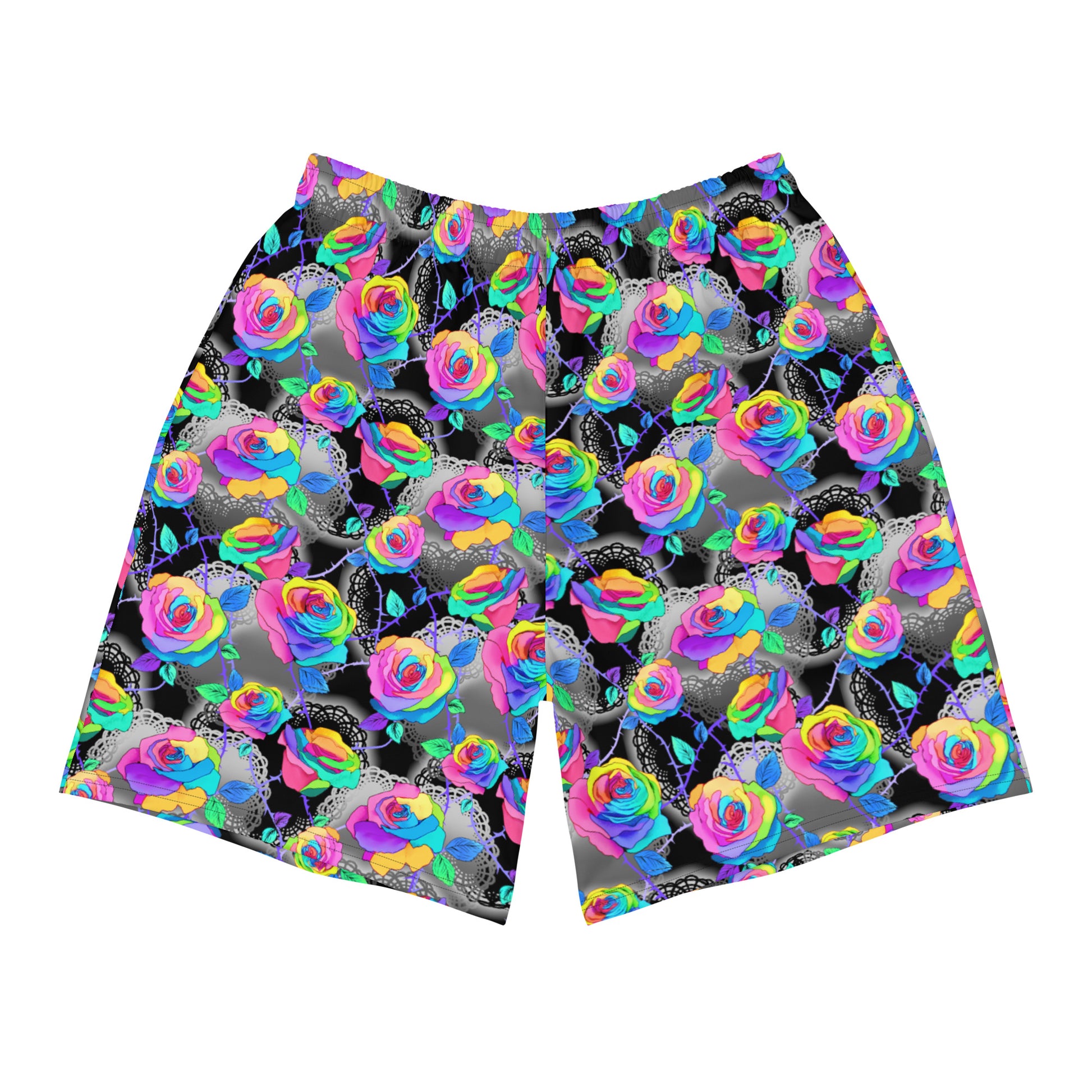 Men's Enchanted Rose Athletic Shorts feature a vibrant rose pattern, perfect for workouts or casual outings.
