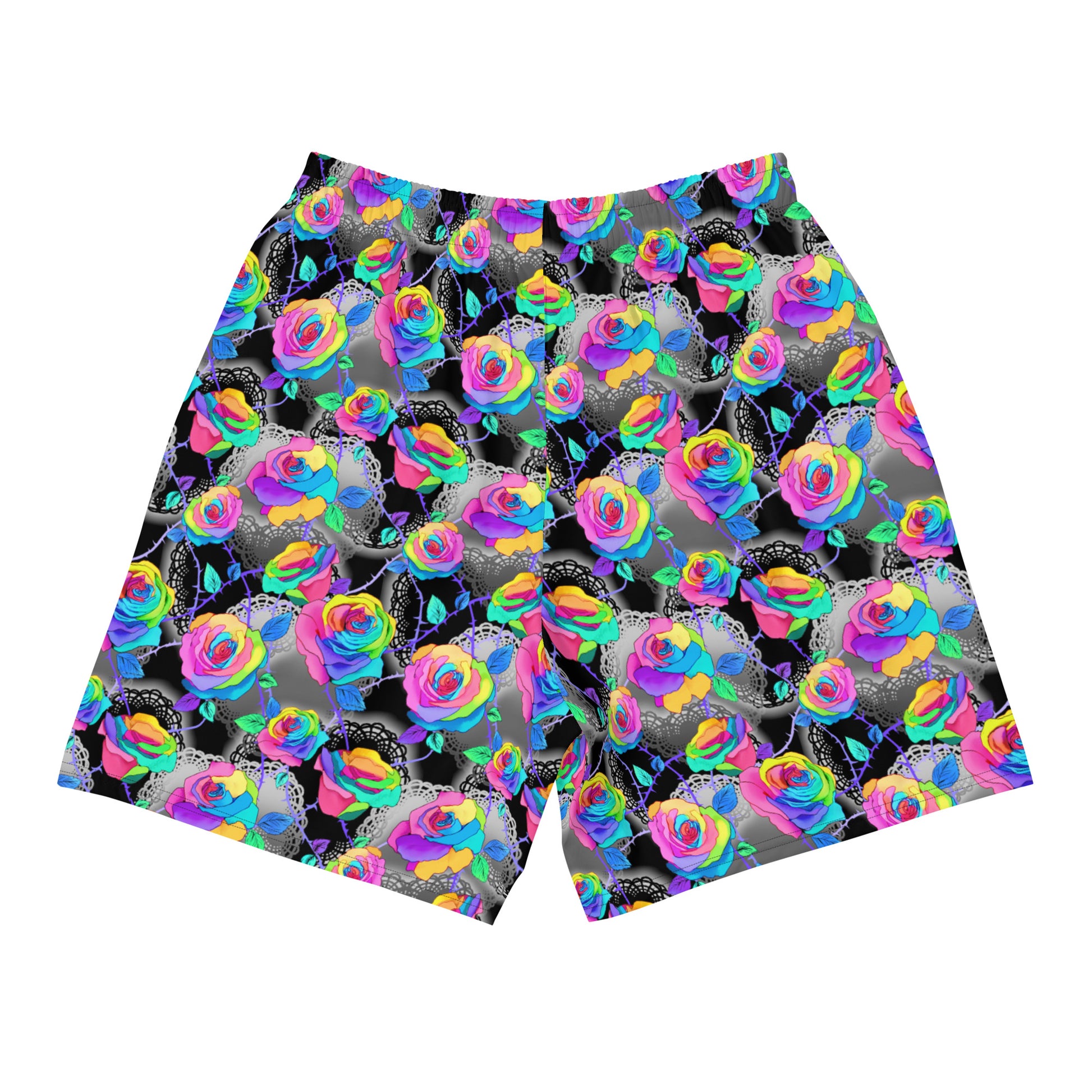 Men's Enchanted Rose Athletic Shorts feature a vibrant all-over rose print, perfect for workouts and casual outings.