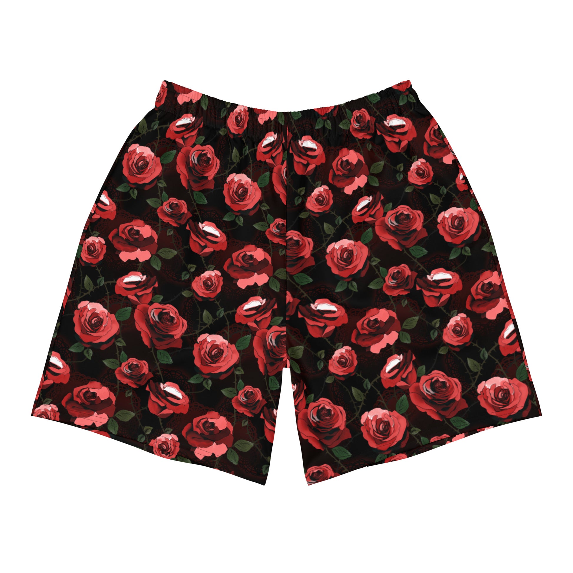 Men's Enchanted Rose Athletic Shorts feature a vibrant rose pattern, perfect for workouts or casual wear.