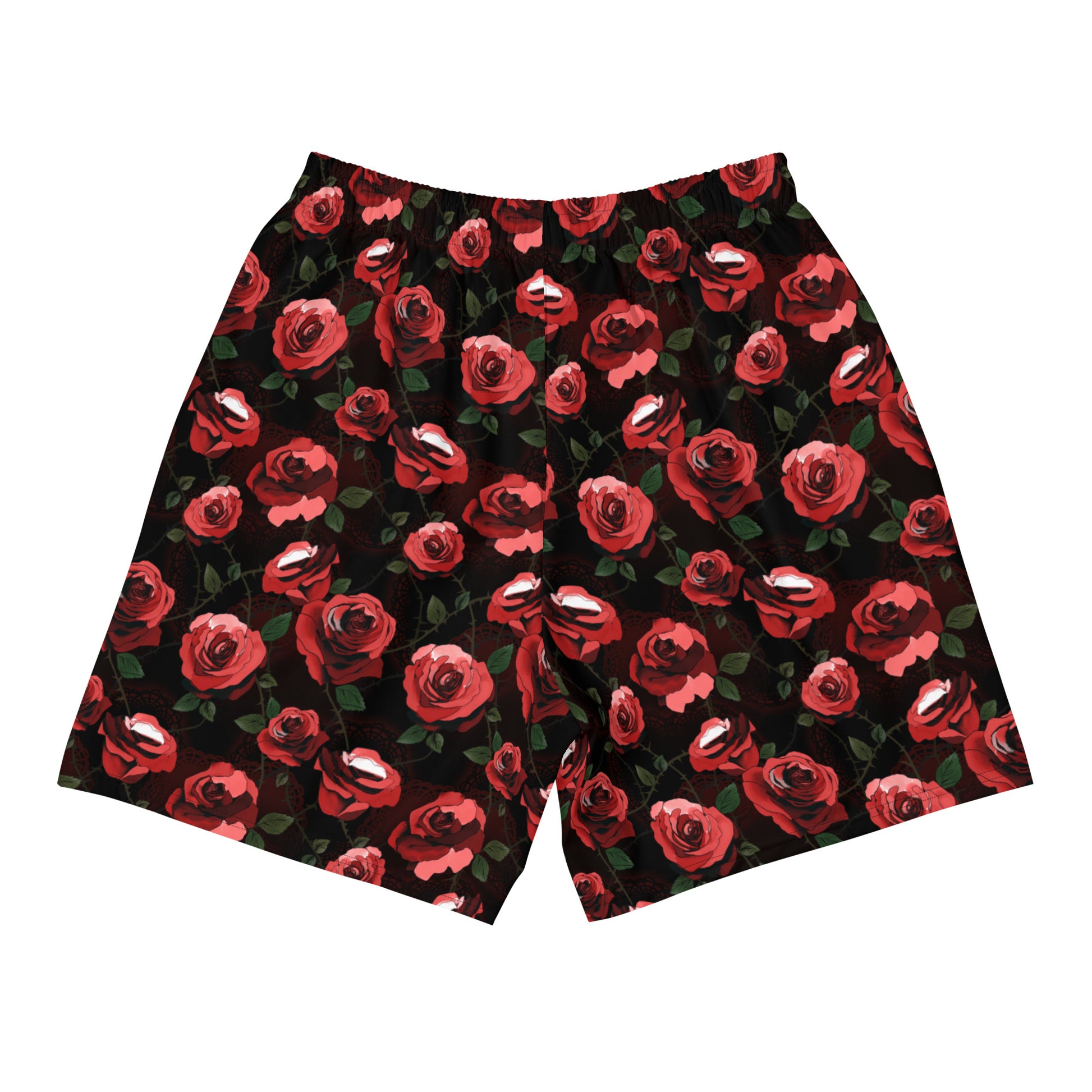 Men's Enchanted Rose Athletic Shorts feature a vibrant rose pattern, perfect for workouts or casual outings.