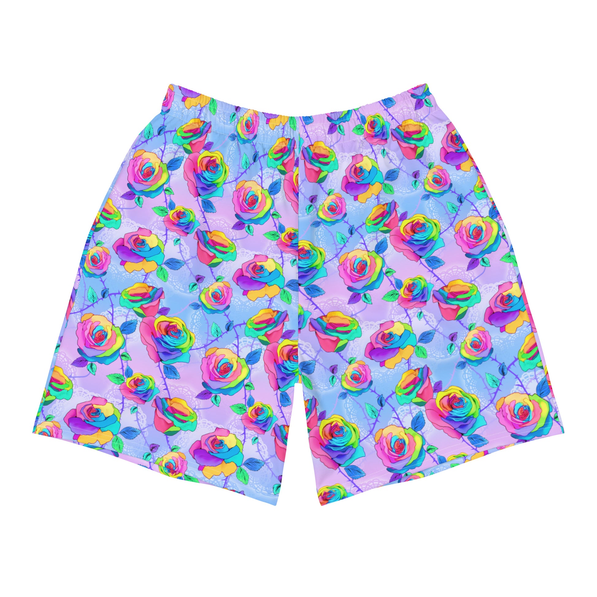 Men's Enchanted Rose Athletic Shorts feature a vibrant floral design, perfect for workouts or casual wear.