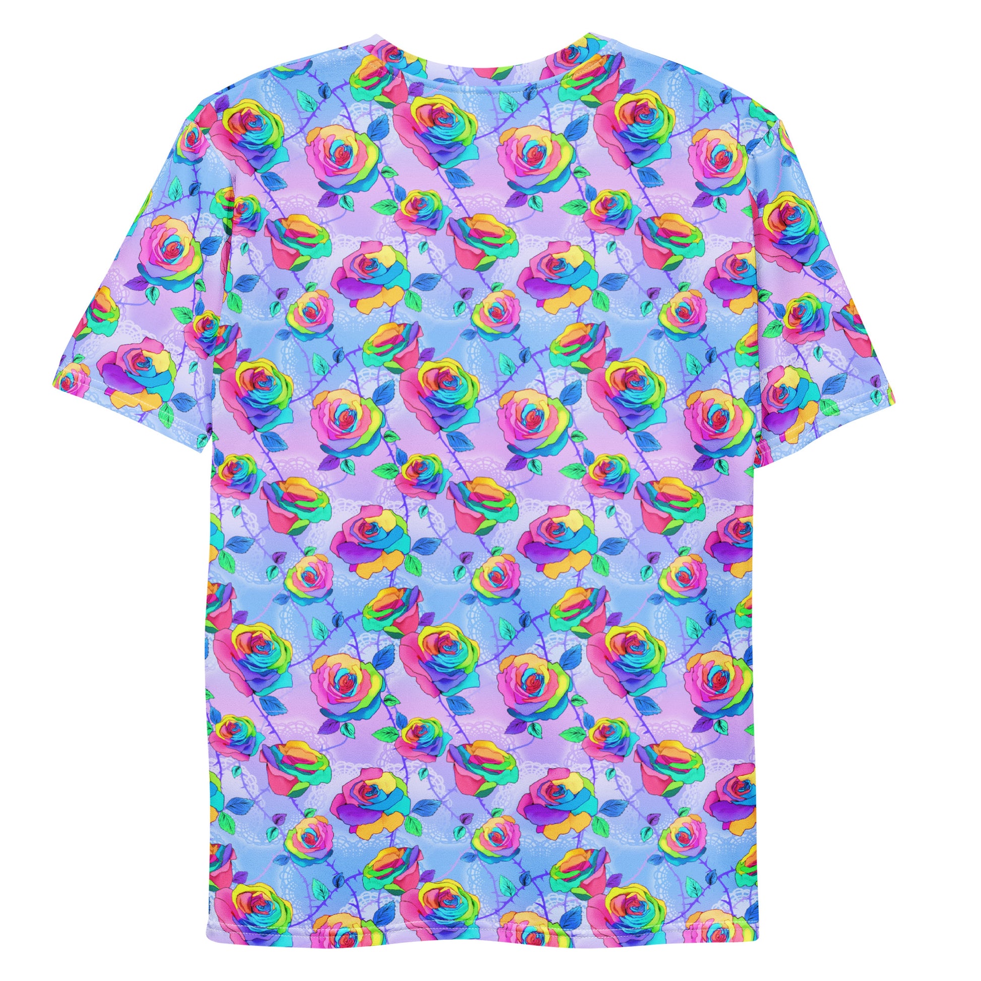 Colorful floral design on the Men's Enchanted Rose T-shirt, perfect for any casual outing or lounging at home.
