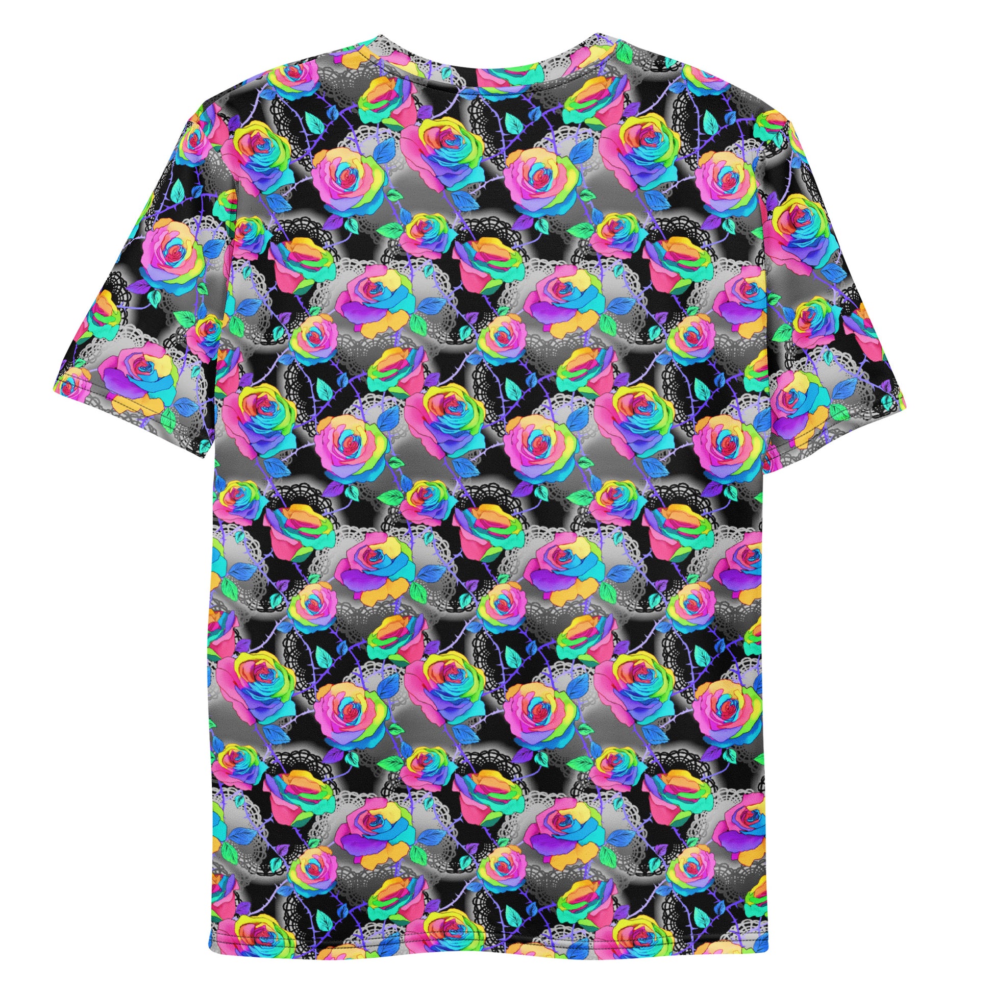 Vibrant Men's Enchanted Rose T-shirt featuring colorful rose patterns, perfect for any casual occasion.