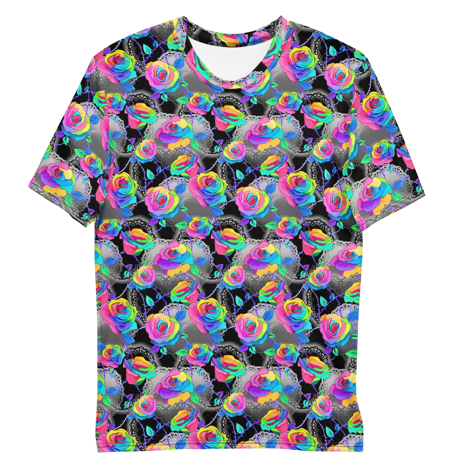 Vibrant Men's Enchanted Rose T-shirt featuring colorful floral design, perfect for any casual occasion.