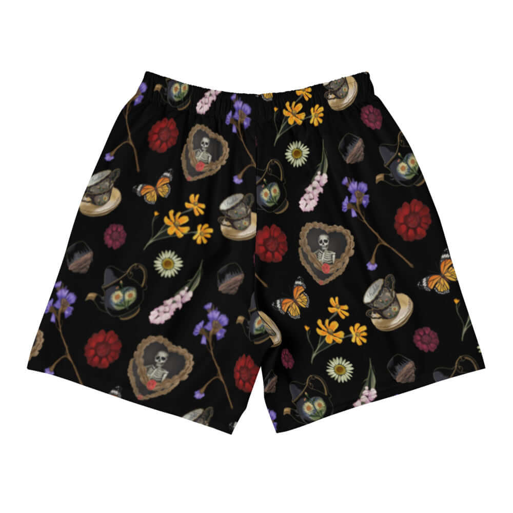 Men's Gothic Tea Time Athletic Shorts feature a unique floral and skull design, perfect for active lifestyles.