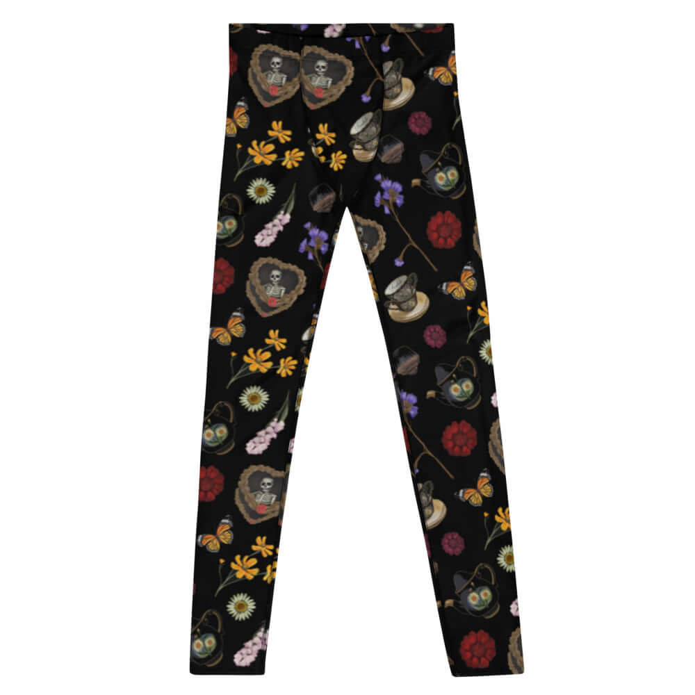 Men's Gothic Tea Time Leggings feature a unique floral and skull design, perfect for activewear and casual styling.