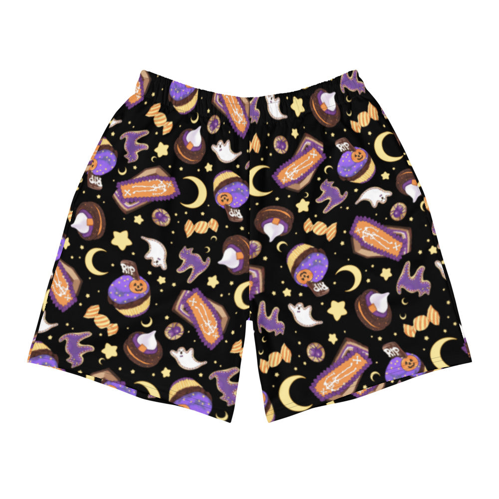 Men's Halloween Treat Athletic Shorts feature a fun design, perfect for workouts or festive occasions.