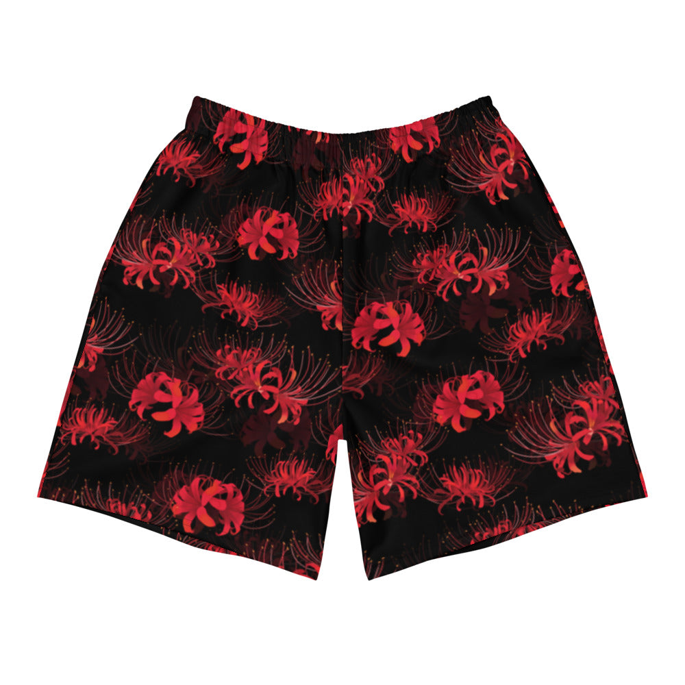 Men's Higanbana Athletic Shorts feature a vibrant floral design, perfect for workouts and casual activities.