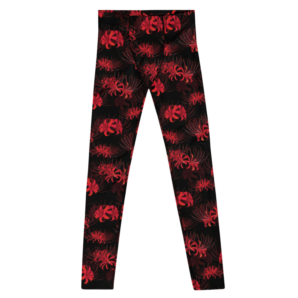 Men's Higanbana Leggings in vibrant red and black, perfect for workouts and versatile enough for any activity.