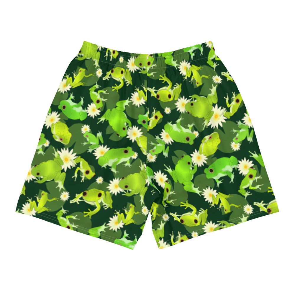 Men's Kero-kero Athletic Shorts featuring a vibrant frog print, perfect for workouts and casual wear.