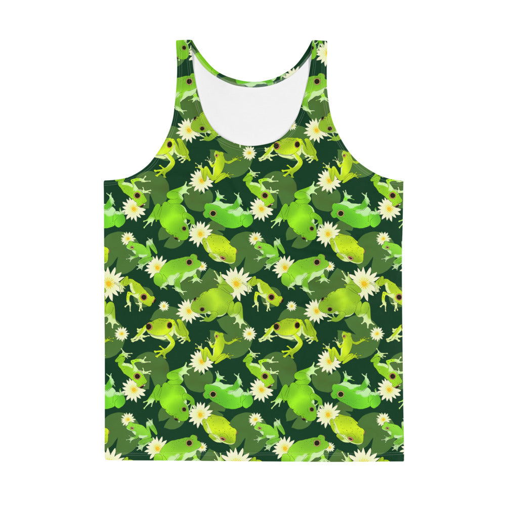 Vibrant Men's Kero-kero Tank Top featuring frogs and flowers, perfect for a stylish, relaxed fit. Ideal for summer wear!