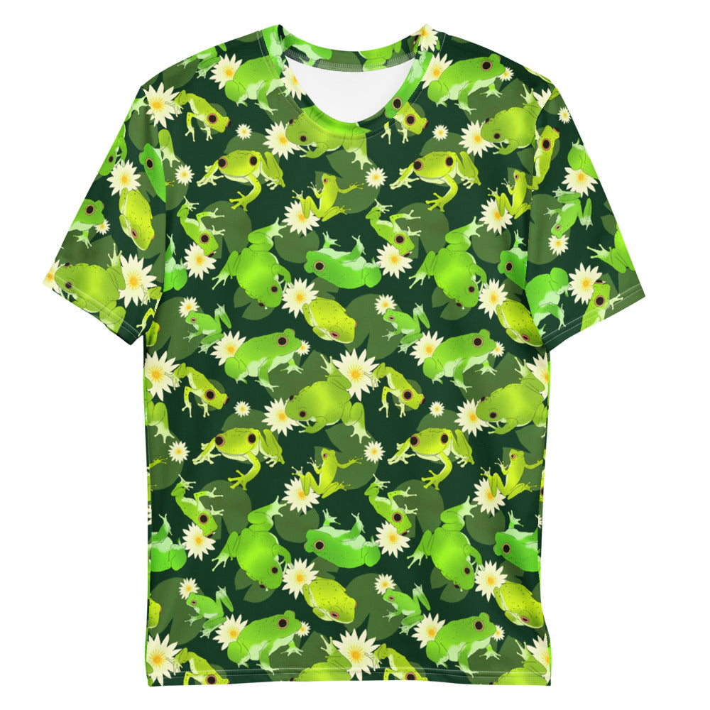 Men's Kero-kero T-shirt showcases vibrant frog designs on a comfortable, stretchy fabric perfect for everyday wear.