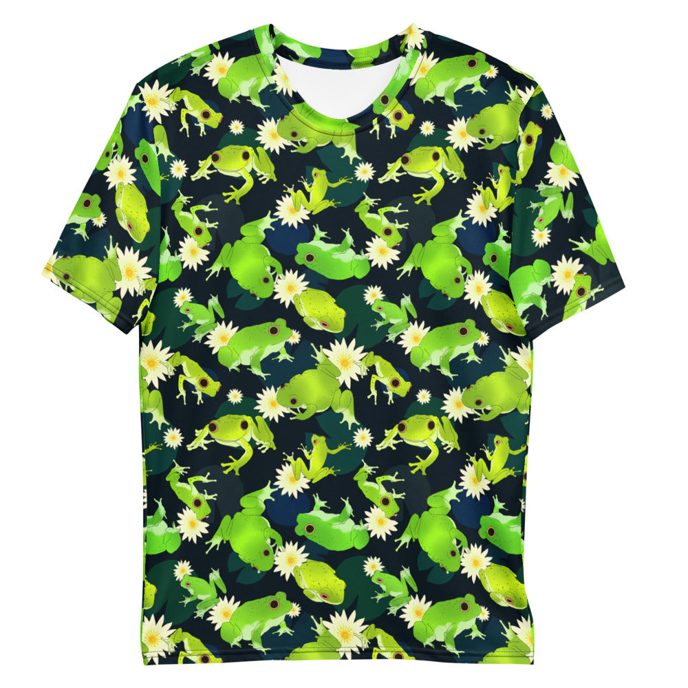 Bright and colorful Men's Kero-kero T-shirt featuring playful frog patterns, perfect for comfort and style.