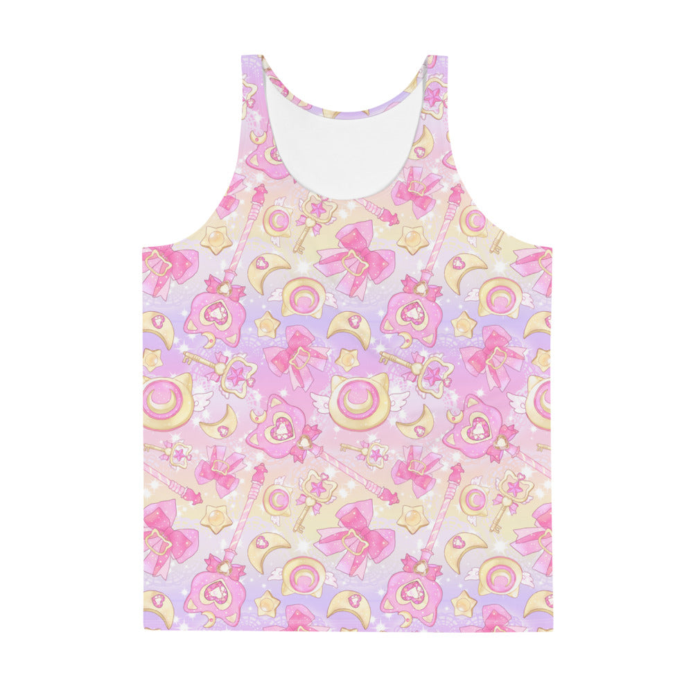 Vibrant Men's Magical Girl Tank Top featuring soft, stretchy material and a fabulous design perfect for summer outings.