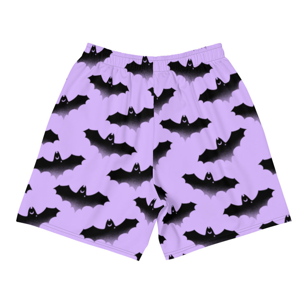 Men's Morrigan Athletic Shorts in purple with bat pattern, perfect for running or gym activities. Stylish and comfortable.