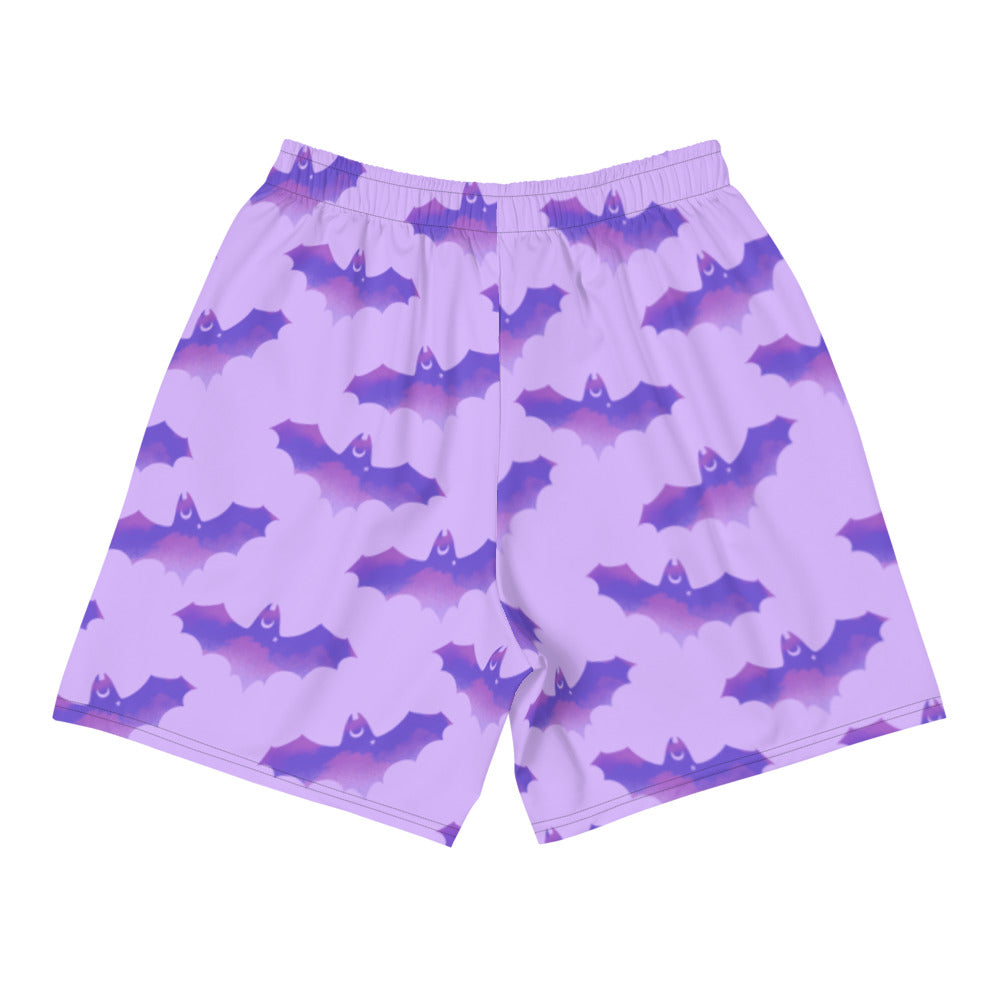 Men's Morrigan Athletic Shorts in purple bat print, perfect for running, swimming, or weight-lifting activities.