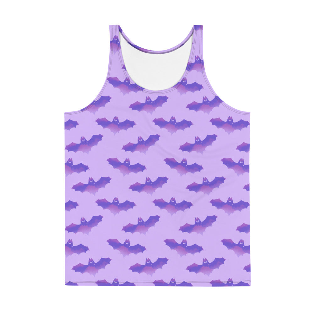 Men's Morrigan Tank Top featuring vibrant bat patterns, soft material, and a relaxed fit for stylish comfort.