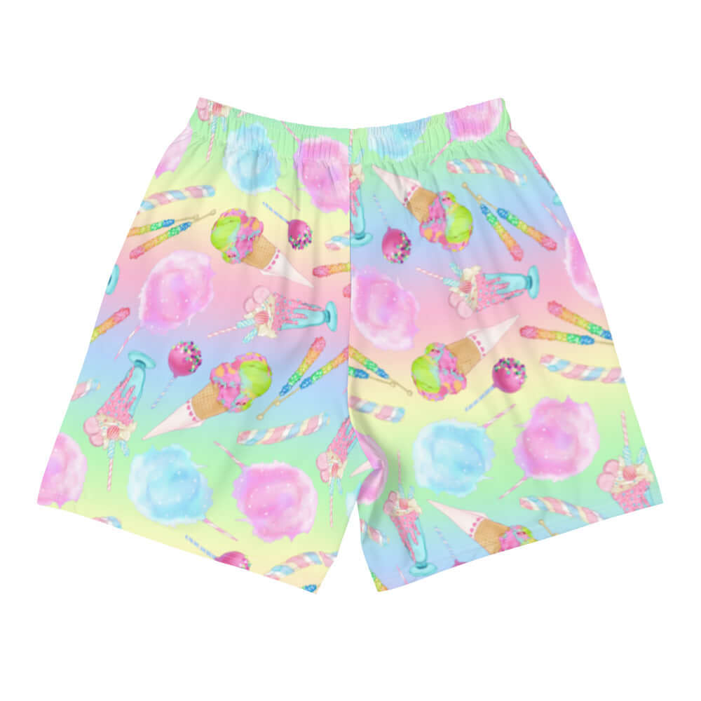 Men's Rainbow Candy Athletic Shorts feature a vibrant candy print, perfect for sports and casual wear.