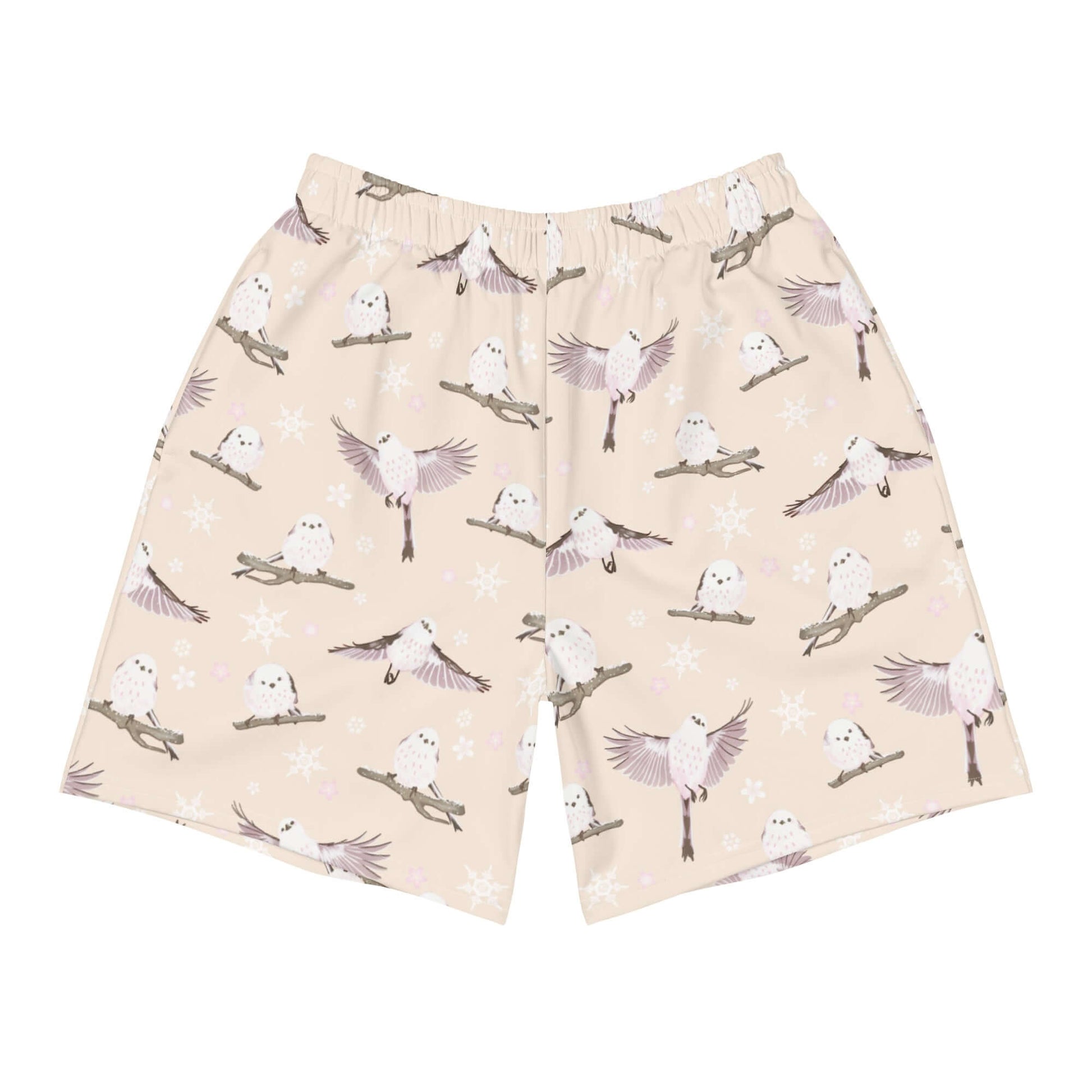 Men's Snow Bird Athletic Shorts feature a playful bird print, perfect for any workout or casual activity.