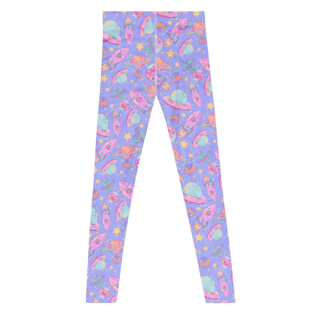 Colorful Men's Space Leggings featuring vibrant rocket and planet designs, perfect for workouts and active wear.