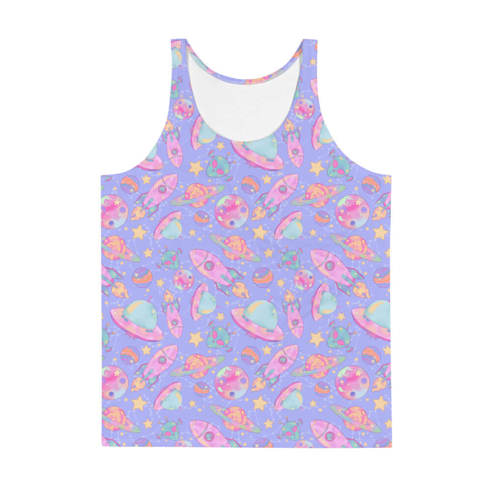 Bright and vibrant Men's Space Tank Top featuring a colorful cosmic print, perfect for a relaxed and stylish look.