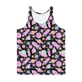 Colorful Men's Space Tank Top featuring vibrant planets and rockets, perfect for a relaxed, stylish look.
