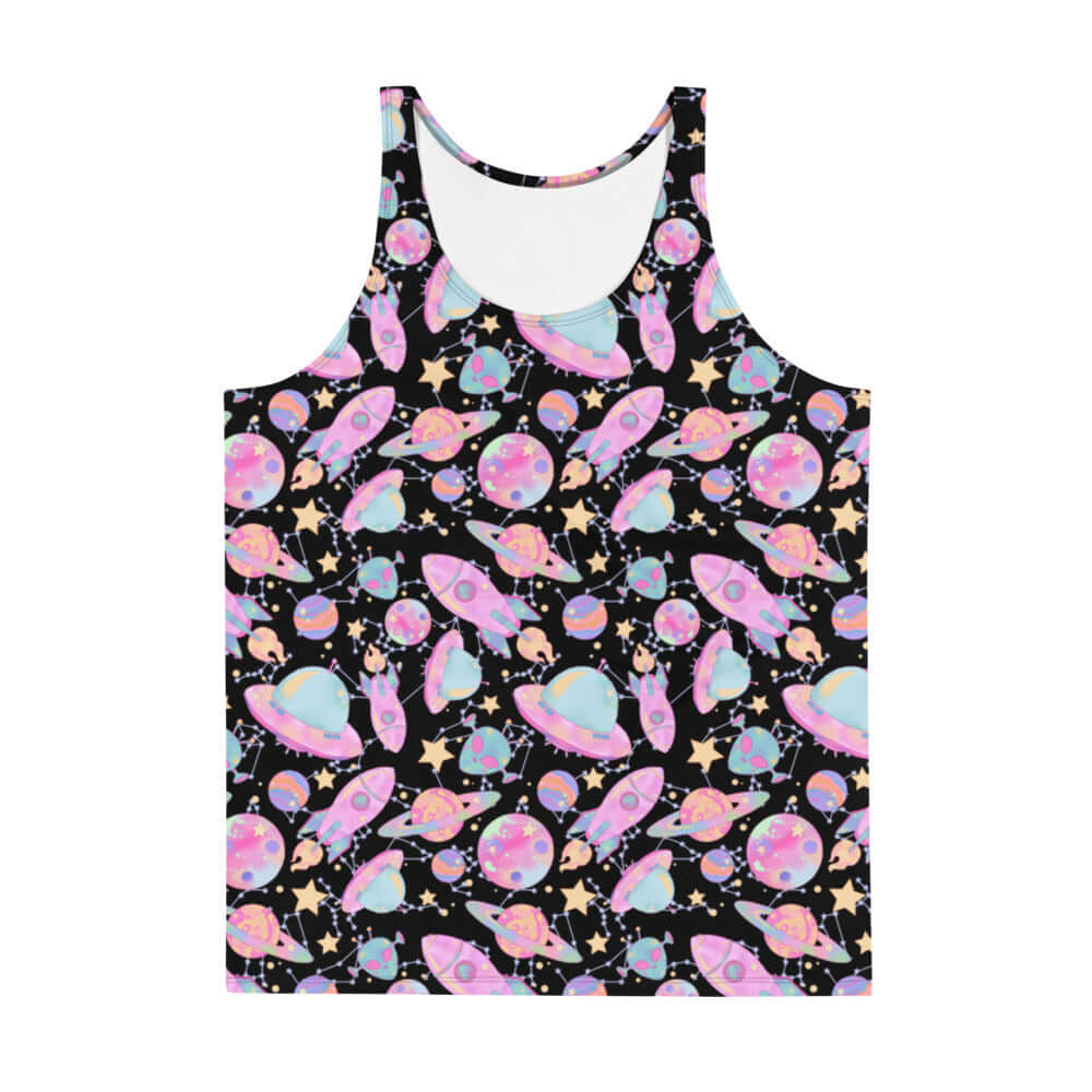 Colorful Men's Space Tank Top featuring vibrant planets and rockets, perfect for a relaxed, stylish look.