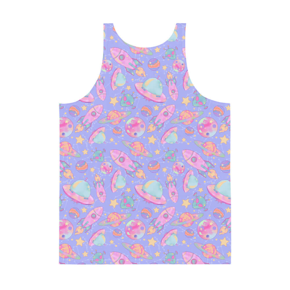 Vibrant Men's Space Tank Top featuring a colorful cosmic design, perfect for a stylish and relaxed look.