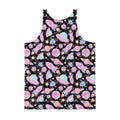 Vibrant Men's Space Tank Top featuring colorful planets and rockets, perfect for a relaxed, stylish look.