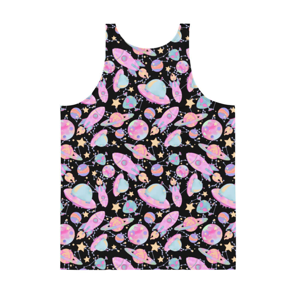 Vibrant Men's Space Tank Top featuring colorful planets and rockets, perfect for a relaxed, stylish look.