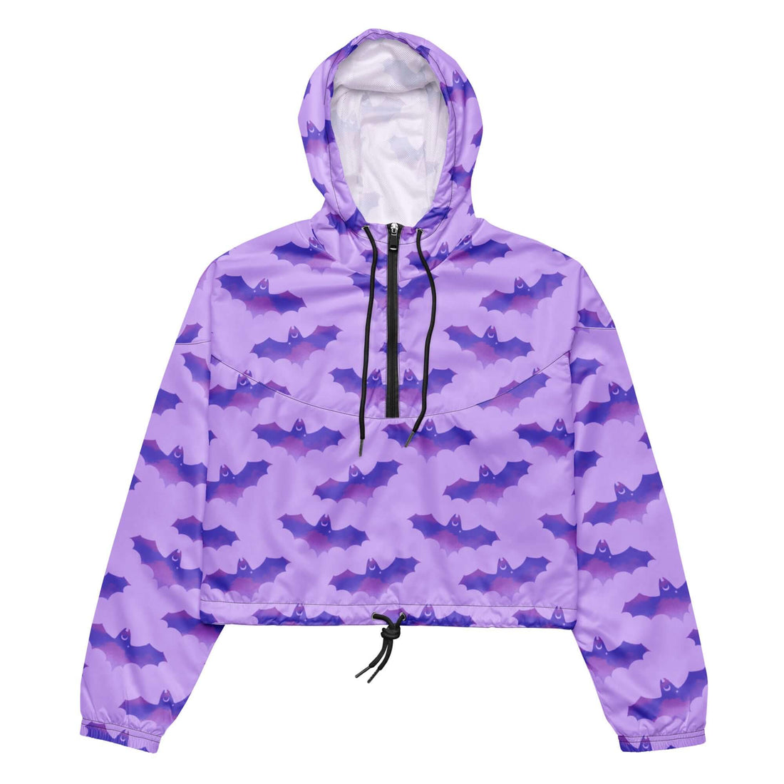 Lightweight and waterproof, the Morrigan cropped windbreaker features a stylish bat print and adjustable drawcords.