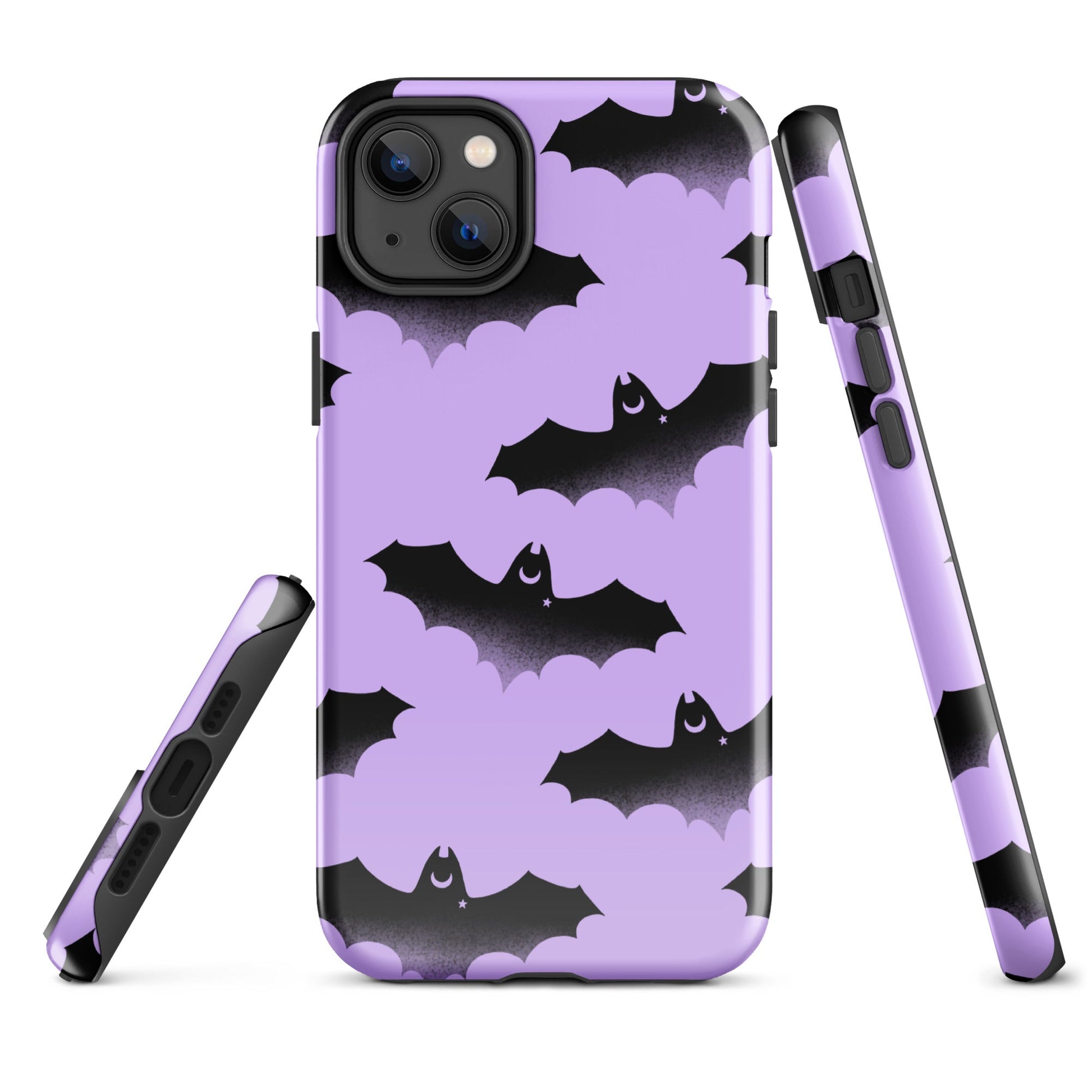 Stylish Morrigan iPhone® Tough Case featuring bats on purple clouds, offering durable protection and trendy design.