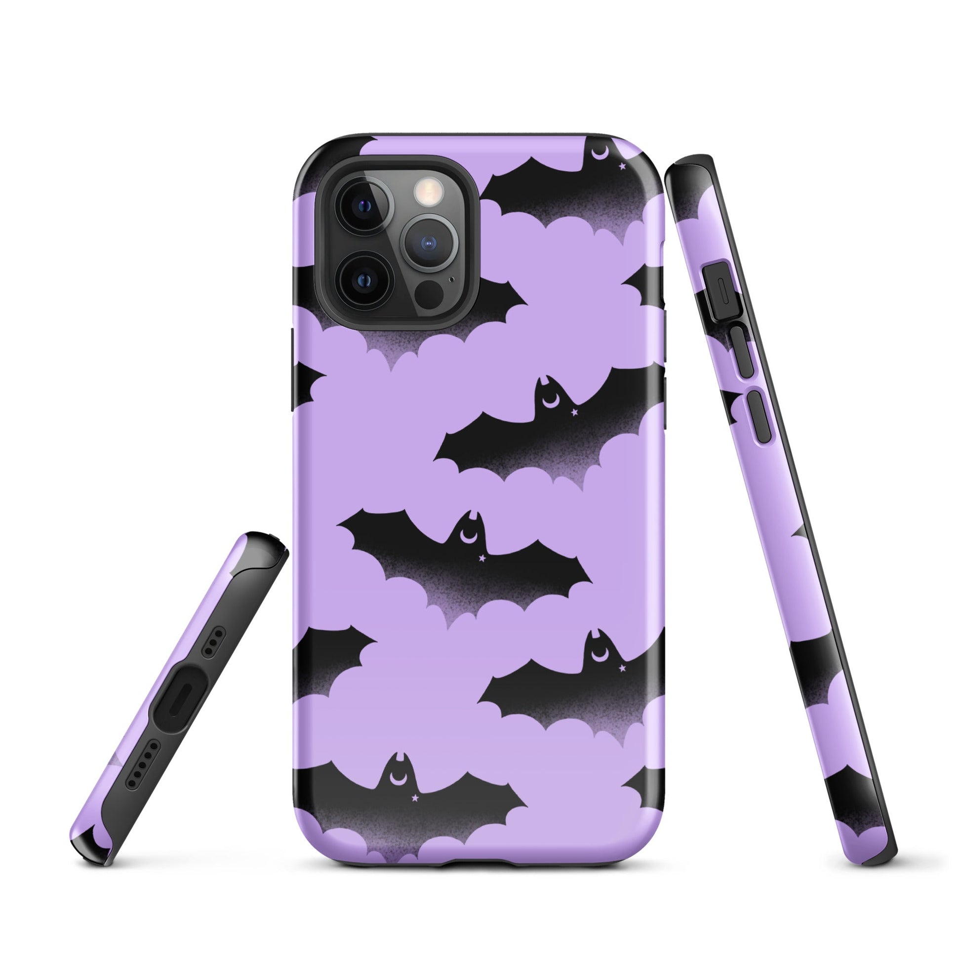 Stylish Morrigan iPhone® Tough Case features a durable design with bats on a purple background for trendy protection.