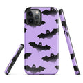 Protect your phone in style with the Morrigan iPhone® Tough Case featuring a chic bat design on a lavender background.