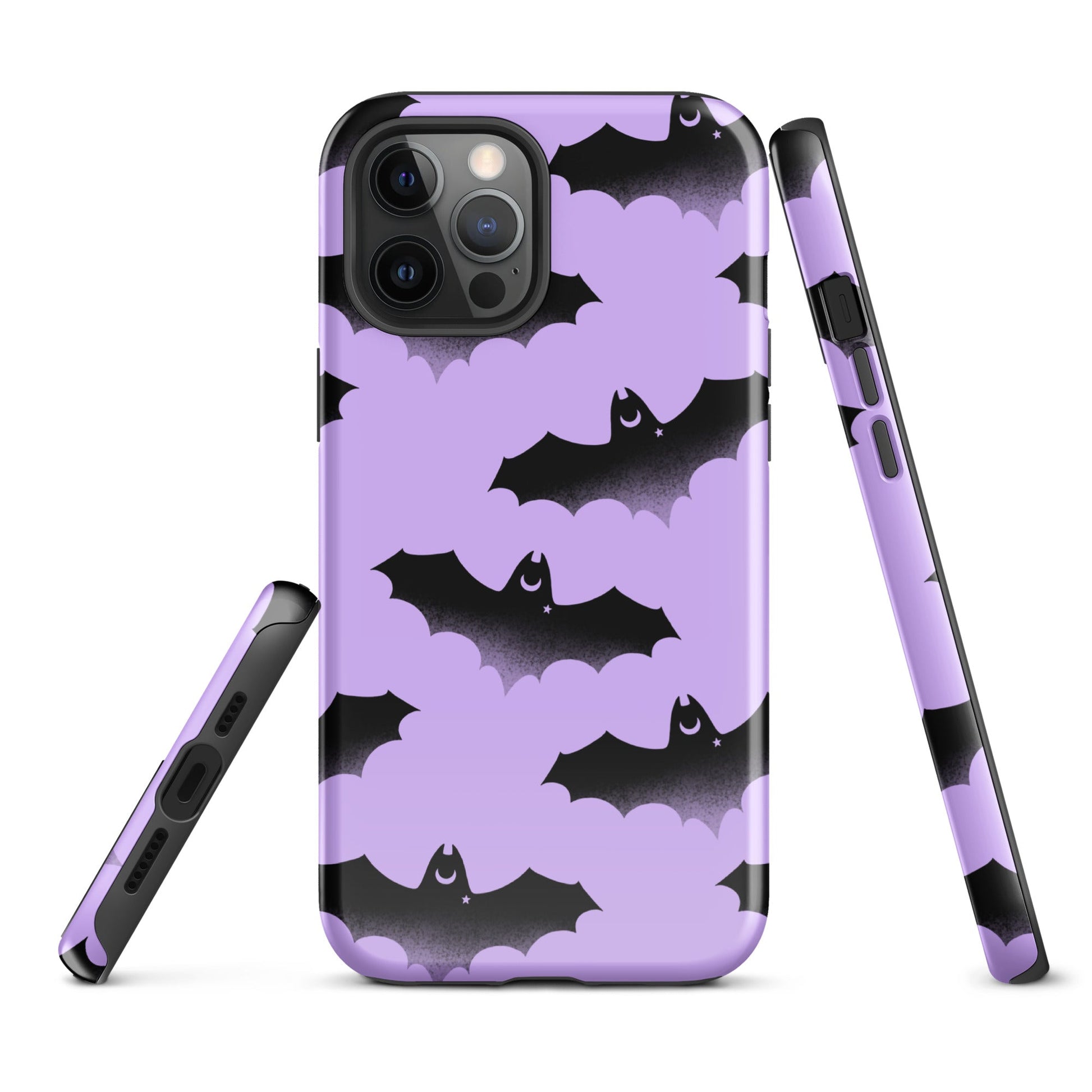 Protect your phone in style with the Morrigan iPhone® Tough Case featuring a chic bat design on a lavender background.