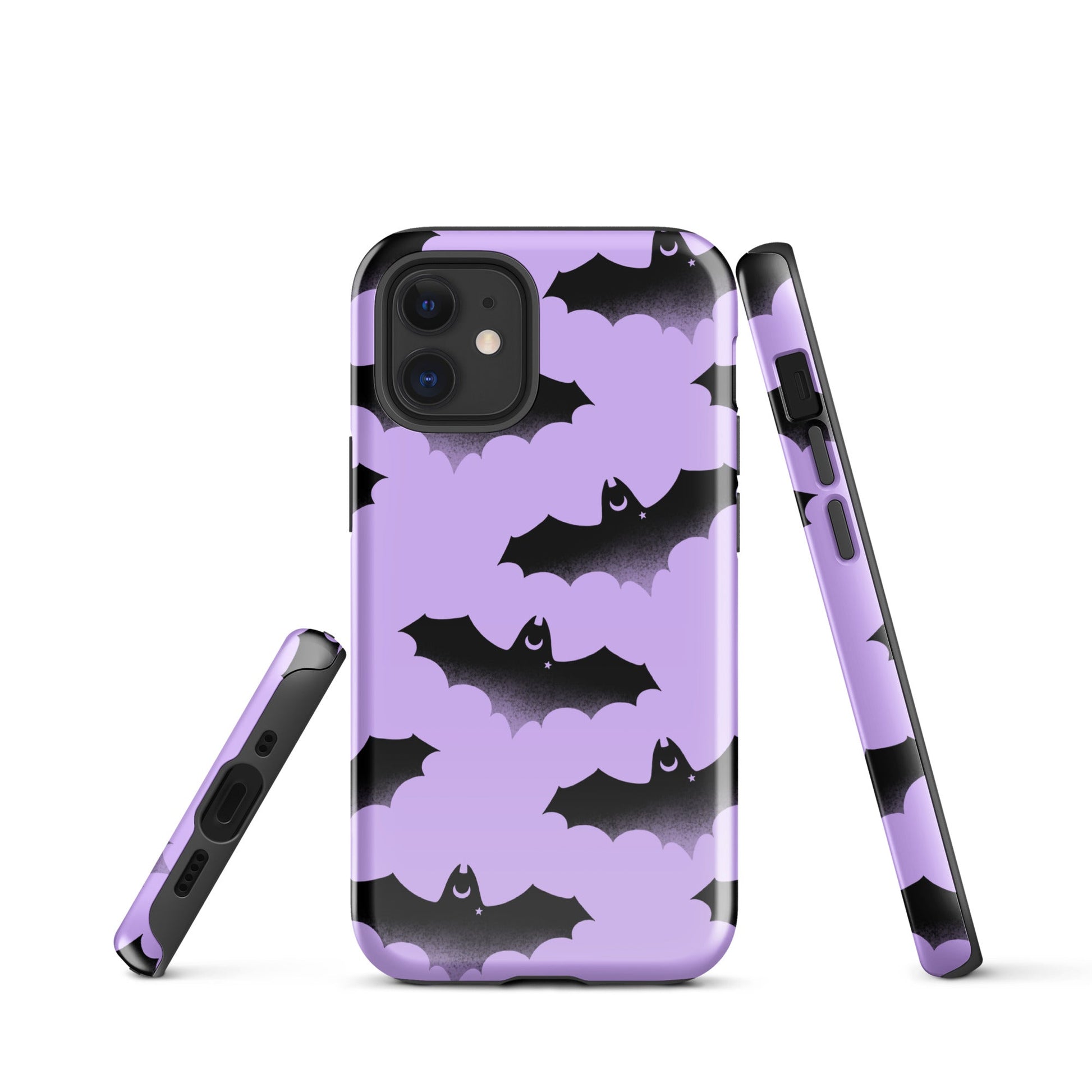 Stylish Morrigan iPhone® Tough Case features bats on a purple background, combining fashion and protection.