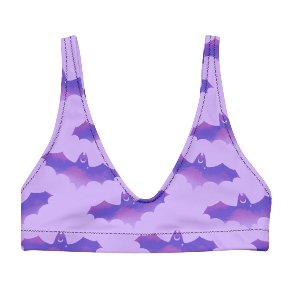 Morrigan Padded Bikini Top features a whimsical bat print, perfect for sunny days and versatile styling options.