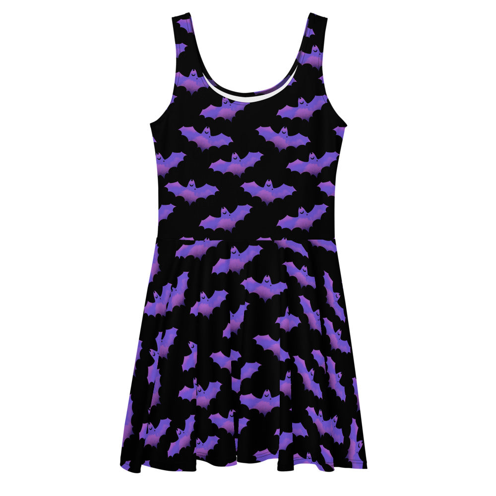 Morrigan Skater Dress featuring a playful bat design, perfect for sunny days and stylish outings.