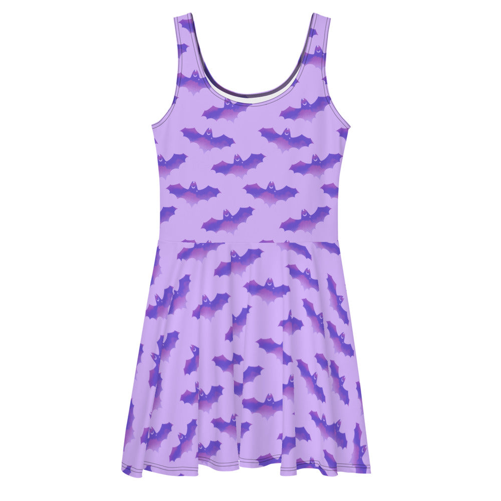 Morrigan Skater Dress featuring a playful bat pattern, perfect for sunny outings and stylish summer fun.