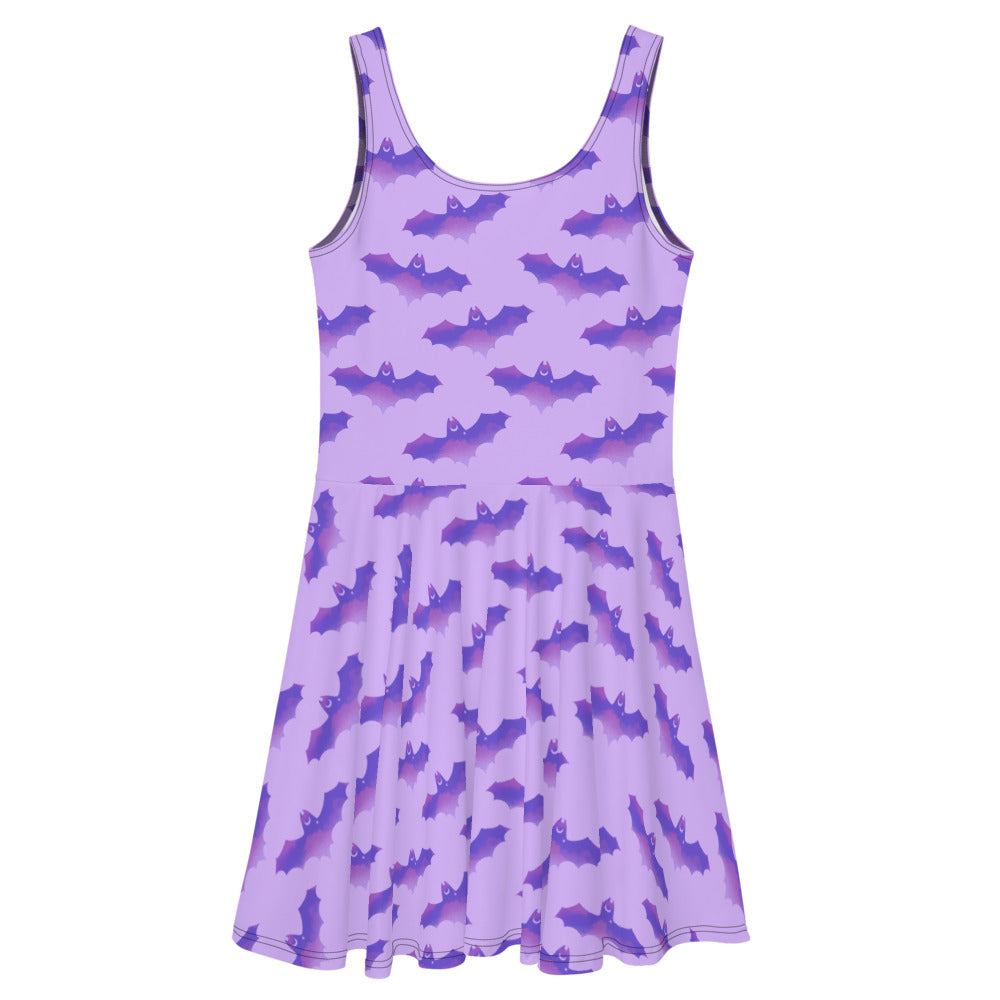 Morrigan Skater Dress features a playful bat pattern, perfect for sunny days and stylish outings.