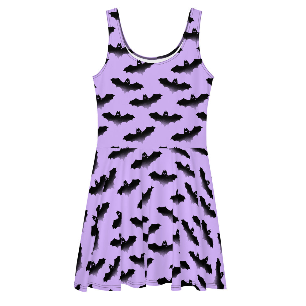 Morrigan Skater Dress features a playful bat print, perfect for sunny days while showcasing elegant style.