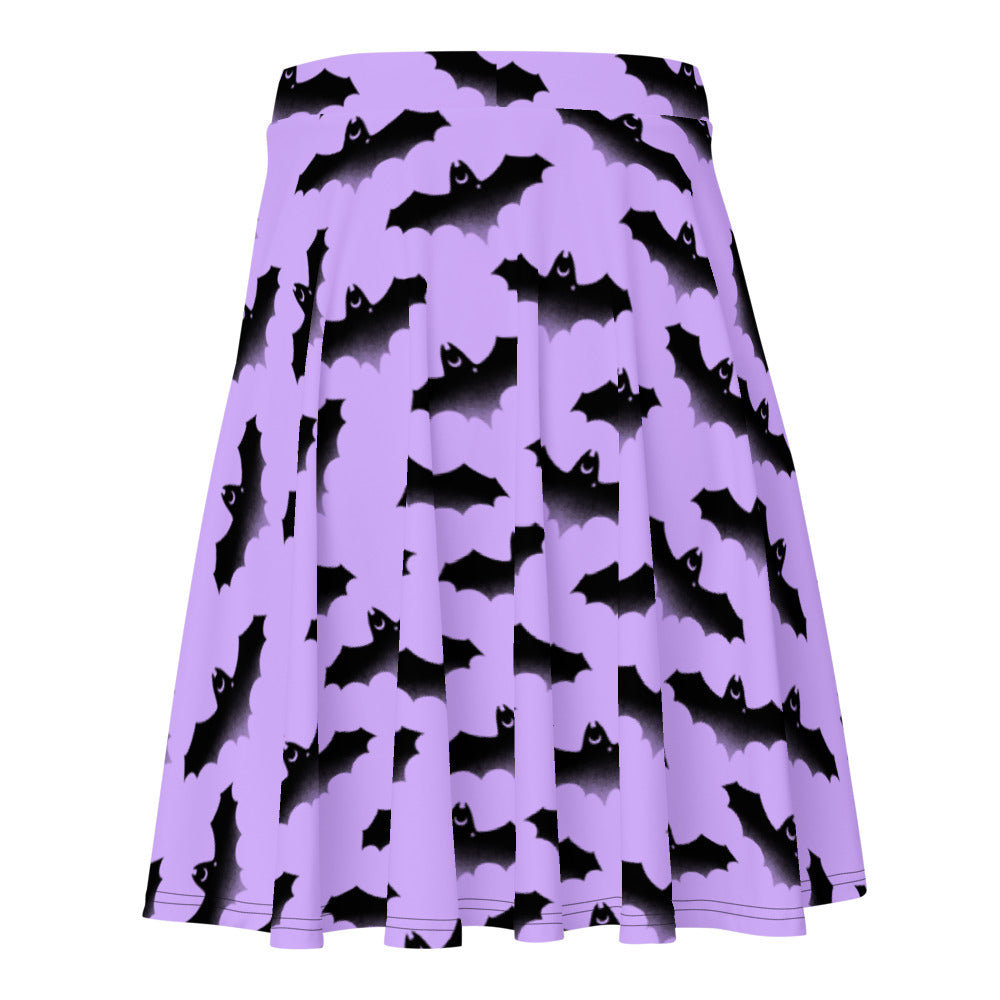 Morrigan Skater Skirt with a whimsical bat print, perfect for sunny days and flattering on any body type.