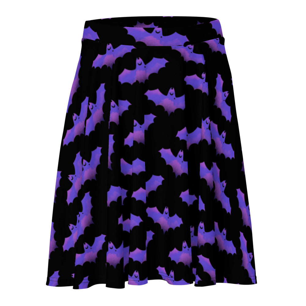 Morrigan Skater Skirt featuring a vibrant bat print, perfect for sunny days and any body type. Ideal for summer style!