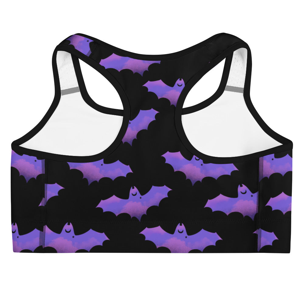 Morrigan Sports bra featuring a vibrant bat design, perfect for motivation and comfort during workouts.