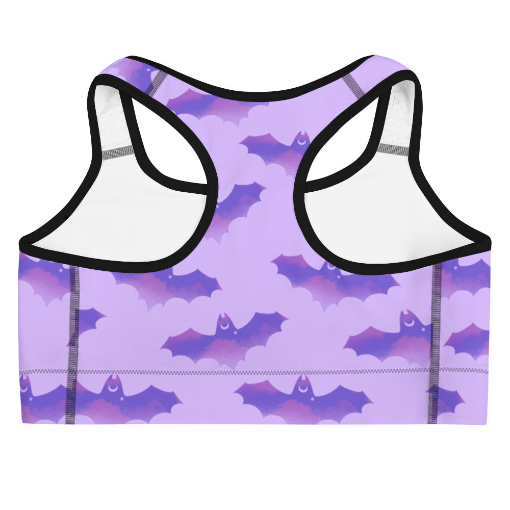 Morrigan Sports bra features a stylish bat print, perfect for gym motivation and support during workouts.