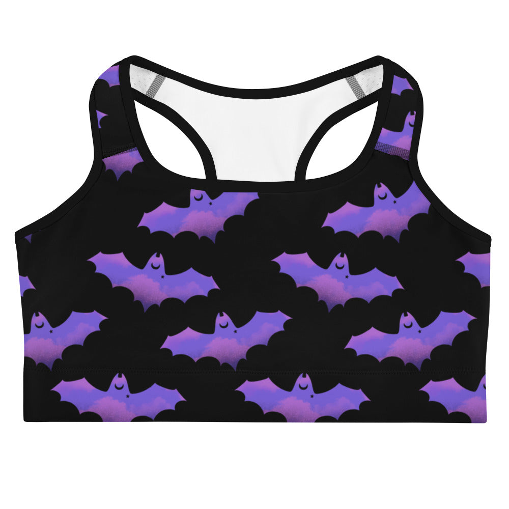 Morrigan Sports bra features a stylish bat print, offering support and comfort for your workouts. Perfect for gym motivation!